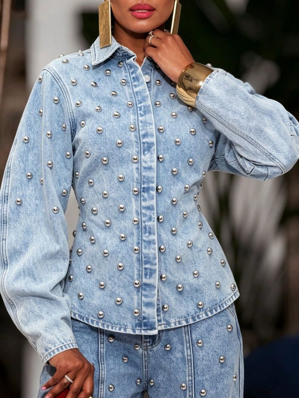 Blue Casual Vintage Women's Round Stud Rivet Washed Button Down Top